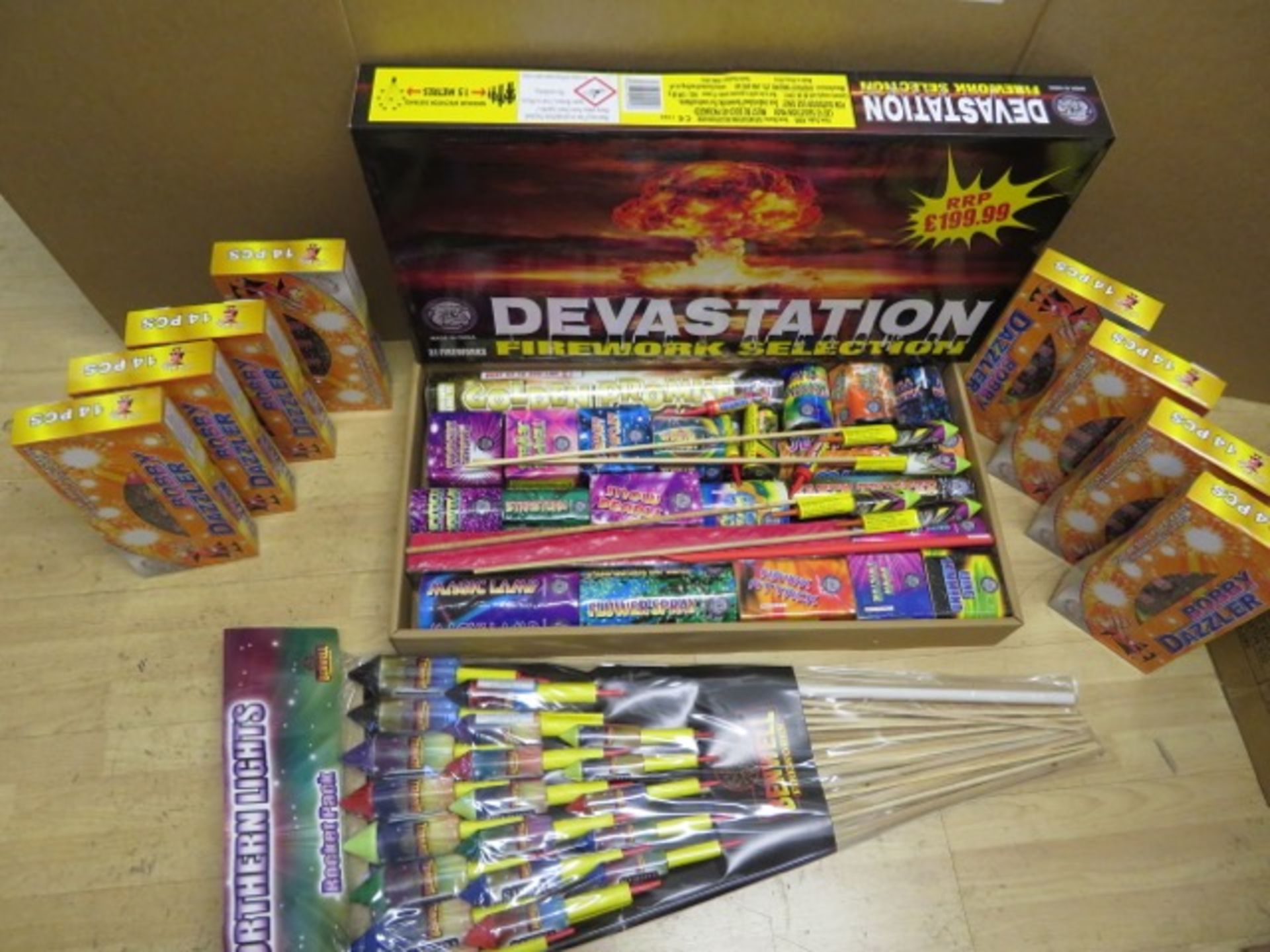 MEGA 163 PIECE FIREWORK LOT - INCLUDES: 1 x DEVASTATION 31 PIECE SELECTION BOX, 1 x PACK OF 20