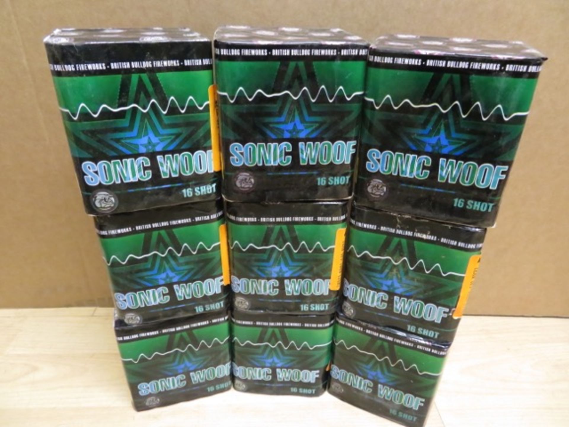 9 x British Bulldog Firework Company. 16 Shot Sonic Woof Cake Fireworks. RRP £20 each, giving this