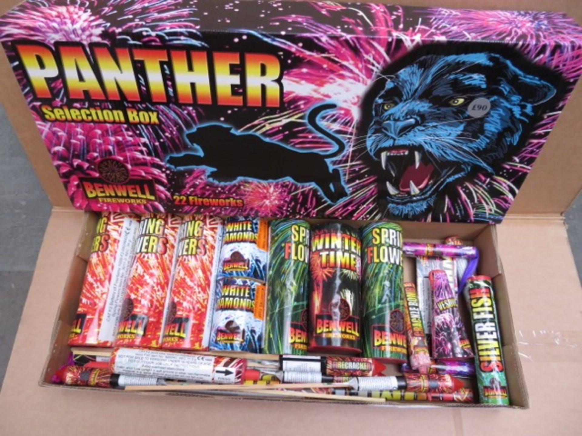 1 x Panther 22 Piece Selection Box. Pricemarked at £90. Huge selection of great quality fireworks to