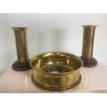 WWI Trench Art Group - Pair Brass & Bakelite Candlesticks & Paperweight
