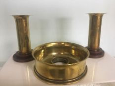 WWI Trench Art Group - Pair Brass & Bakelite Candlesticks & Paperweight