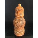 19th Century Carved Coquilla Nut Three Section Pepperette with Stanhope Picture