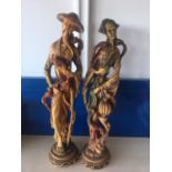 Pair of Large Tall Japanese figure figurine man woman with birds