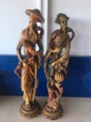 Pair of Large Tall Japanese figure figurine man woman with birds