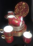 19th Century Davenport English Porcelain set of 7 coffee trio burgundy gold gilt