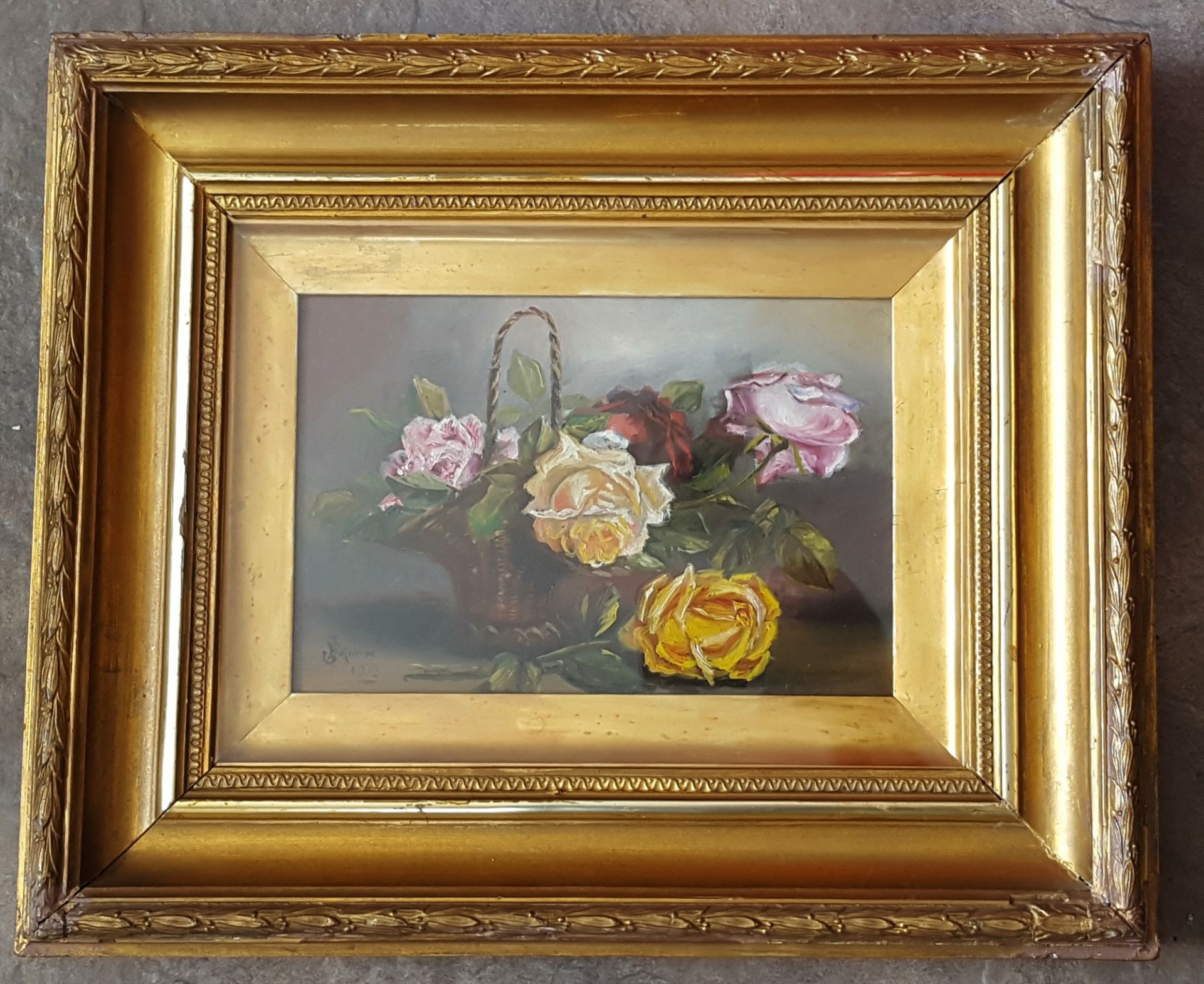 Antique Fine Art Framed Oil Painting Still Life signed lower left J Brown 1913