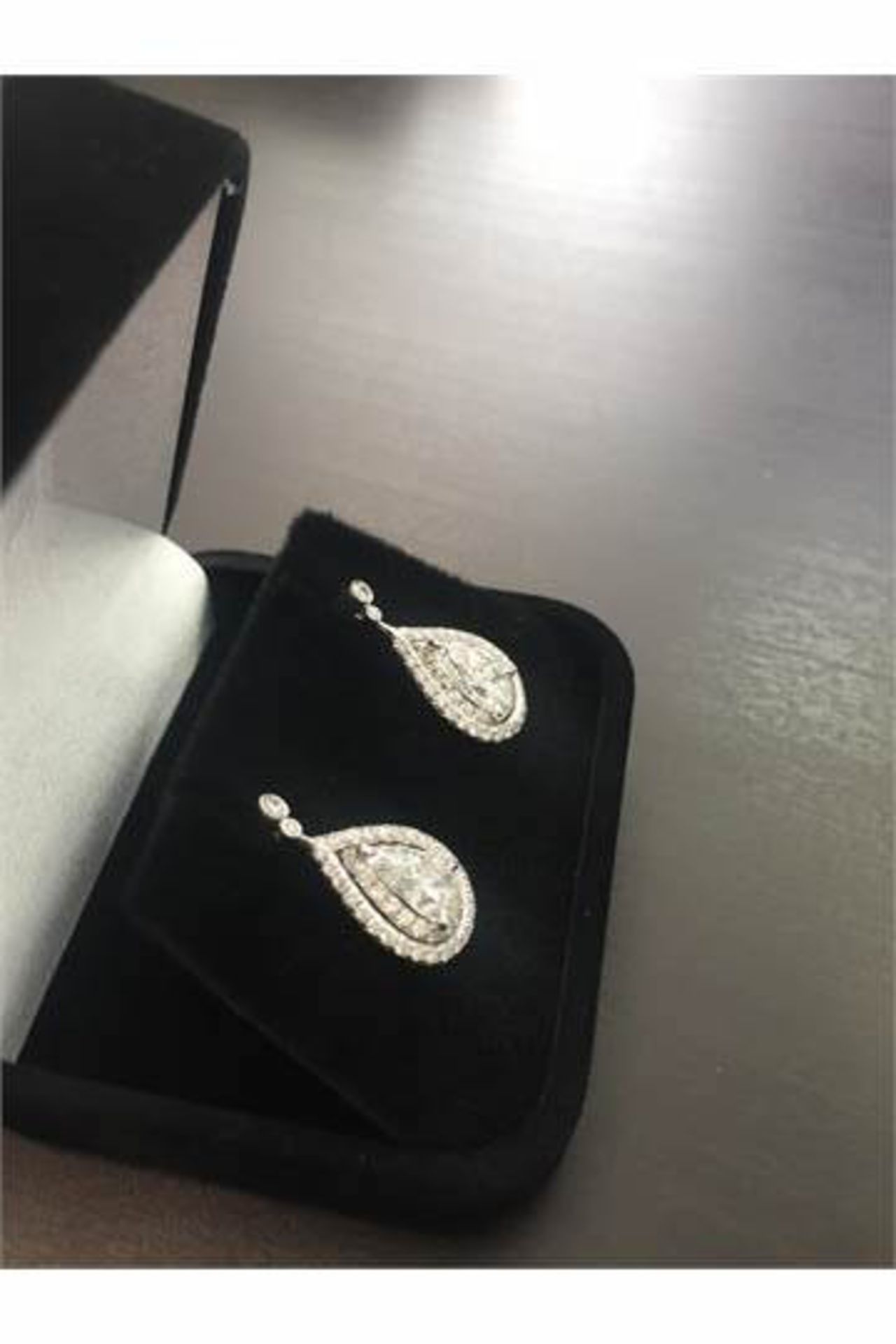 2.04ct diamond drop earrings. Each set with a certificated pear shaped diamond with a halo - Image 2 of 4