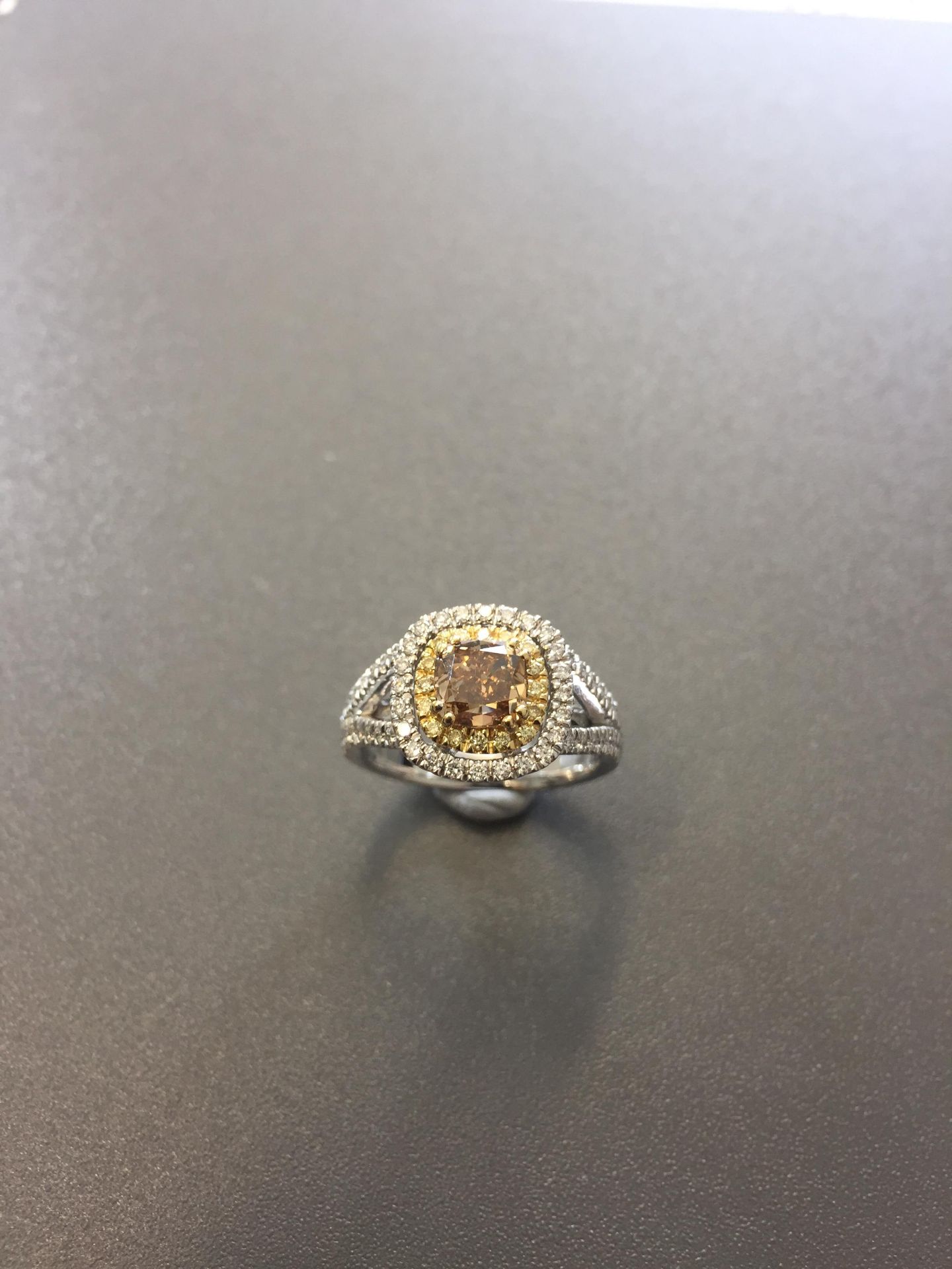 1.15ct diamond set solitaire ring with a yellow cushion cut yellow diamond and a halo setting and - Image 4 of 5