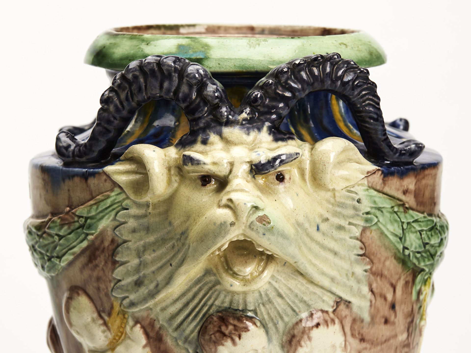 Antique Lidded Majolica Grotesque Horned Head Vase 19Th C. - Bild 9 aus 14