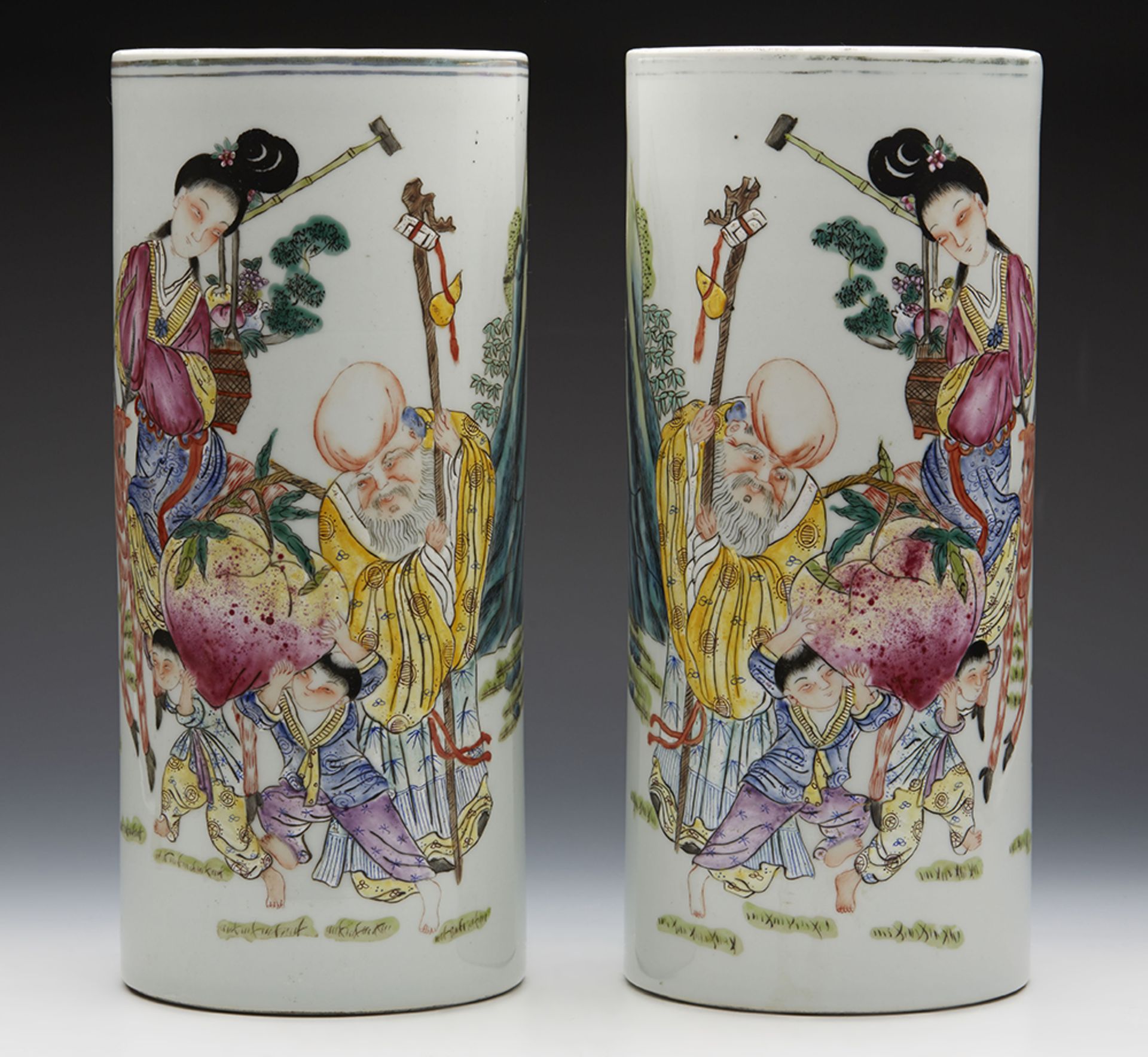 Antique/Vintage Chinese Cylindrical Brush Holder Vases With Shoulao 19/20Th C.