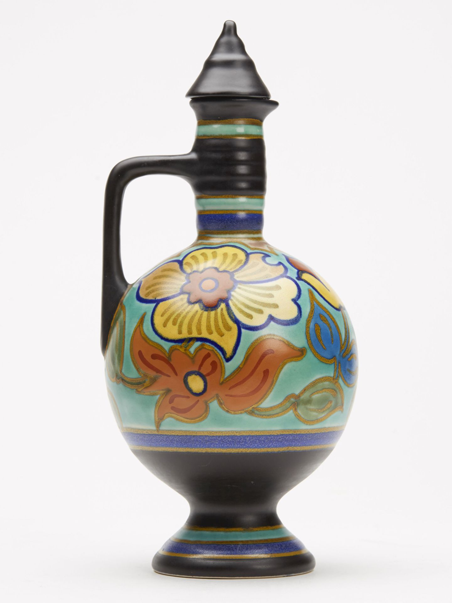 Gouda Art Pottery Floral Design Lidded Ewer 1920'S - Image 2 of 8