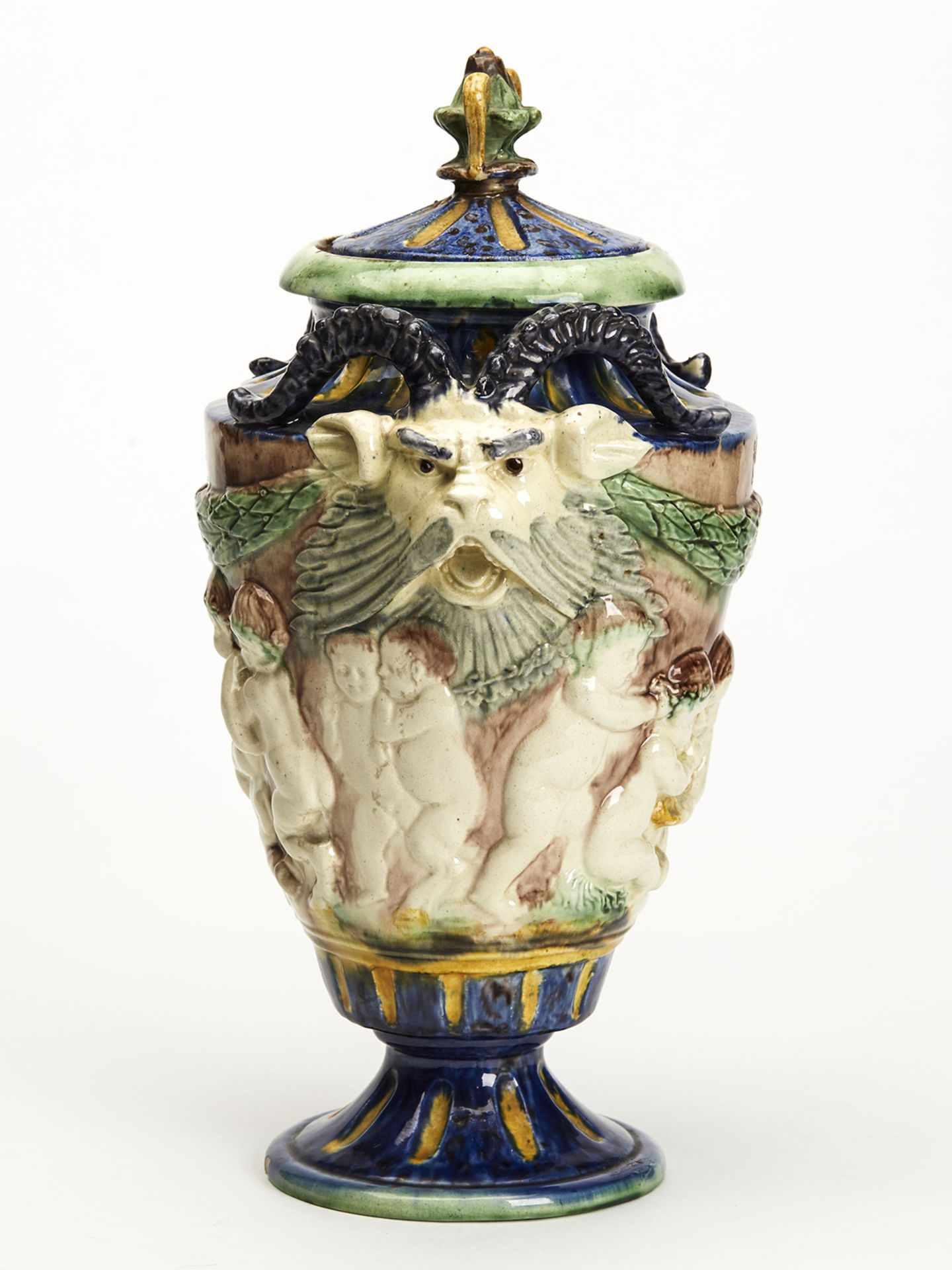 Antique Lidded Majolica Grotesque Horned Head Vase 19Th C. - Image 2 of 14