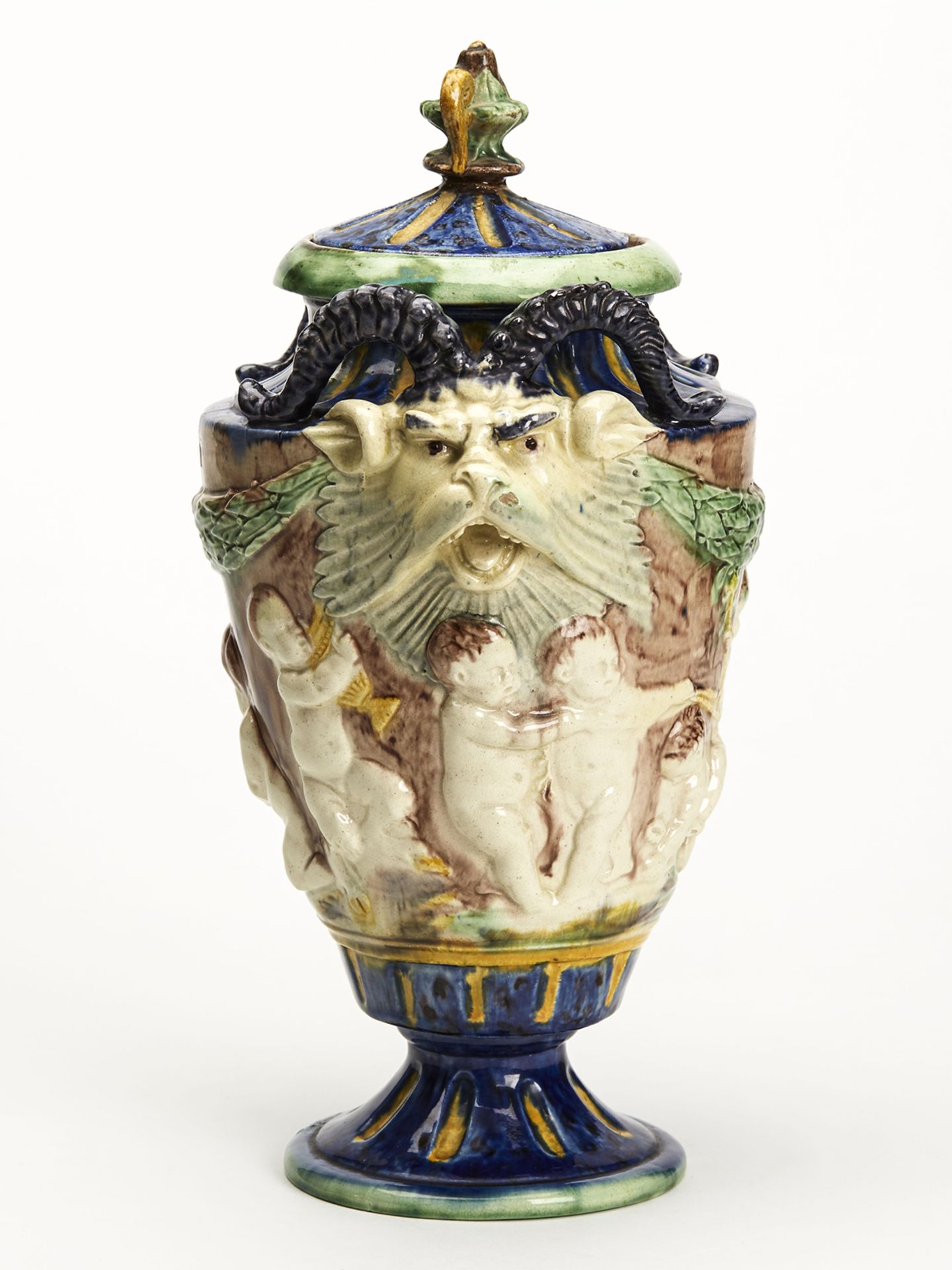 Antique Lidded Majolica Grotesque Horned Head Vase 19Th C. - Bild 12 aus 14