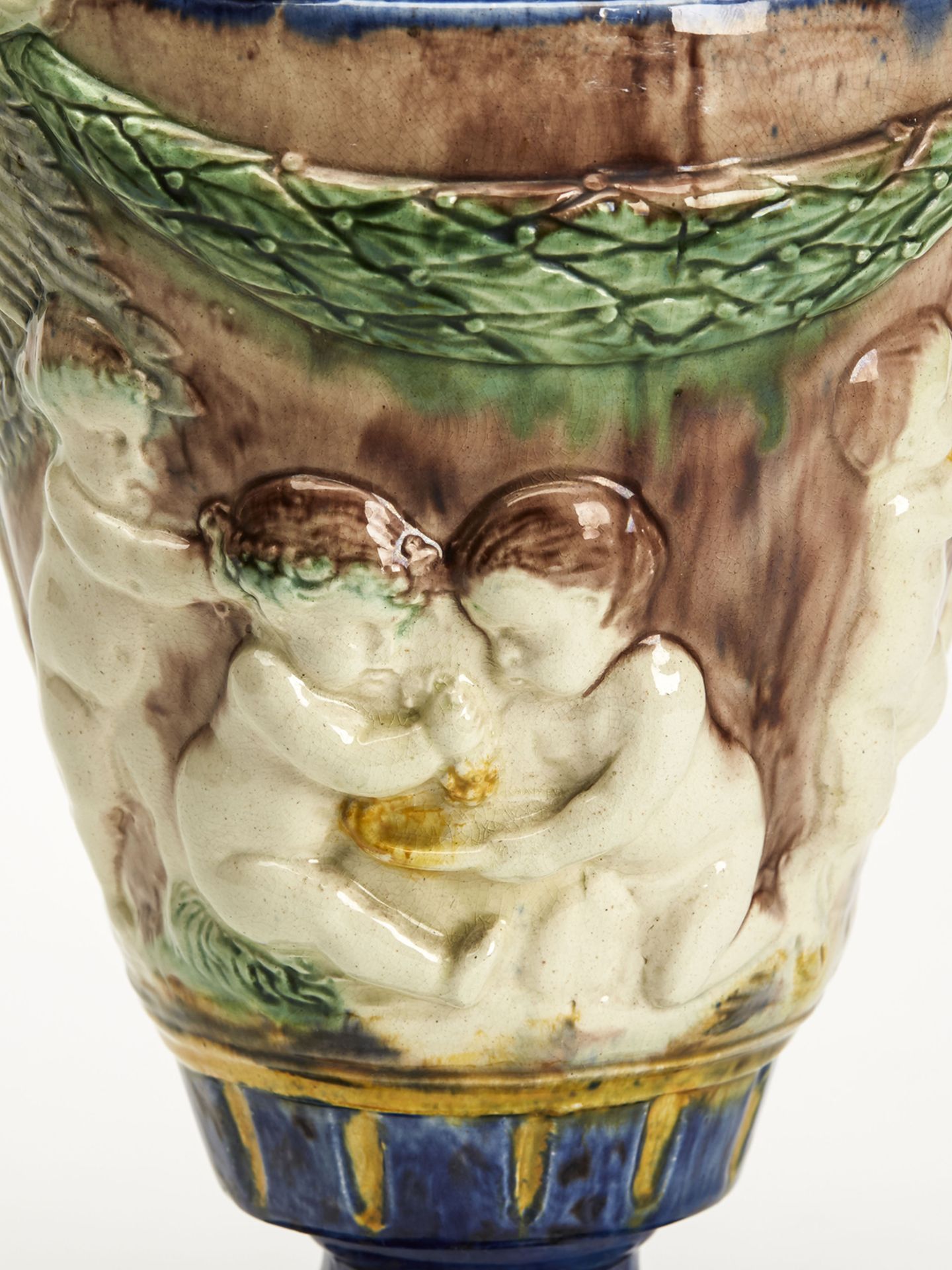 Antique Lidded Majolica Grotesque Horned Head Vase 19Th C. - Bild 5 aus 14