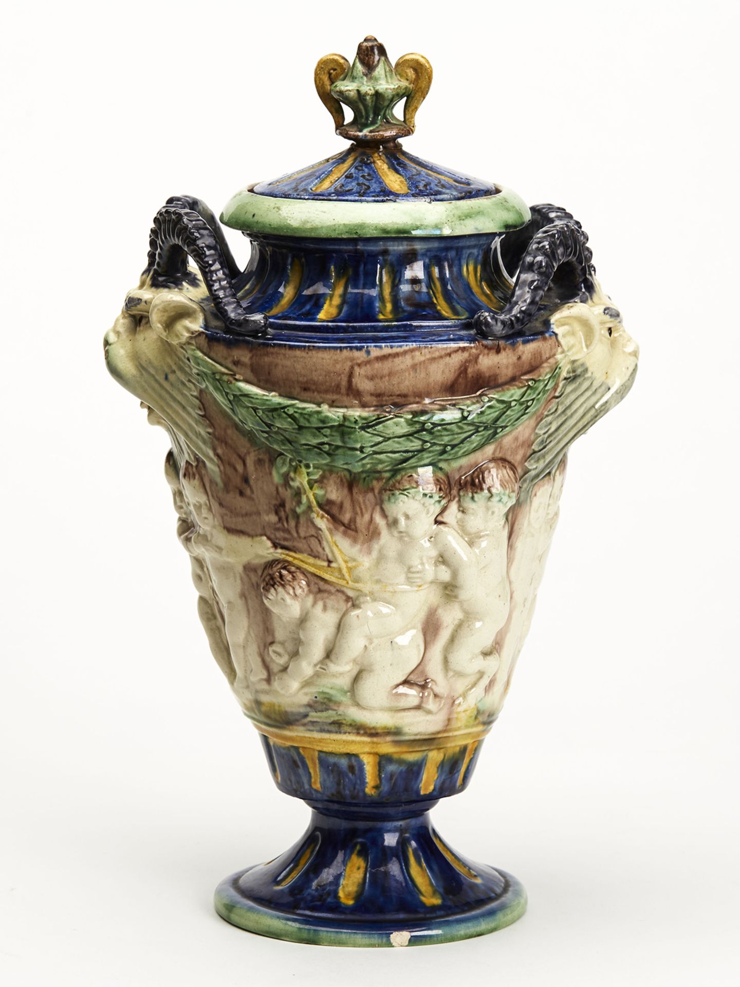 Antique Lidded Majolica Grotesque Horned Head Vase 19Th C.