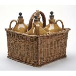 Antique Salt Glazed Spirit Flask Set In Basket C.1877