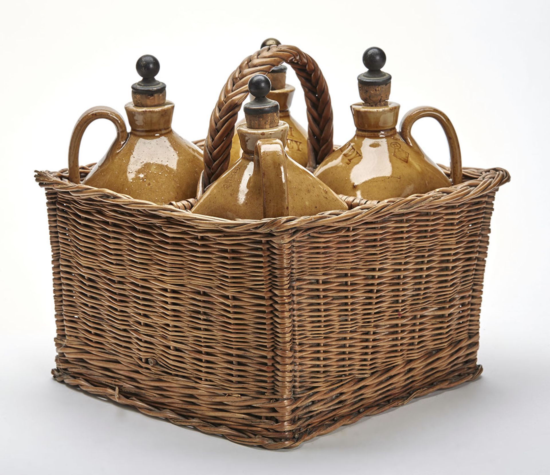 Antique Salt Glazed Spirit Flask Set In Basket C.1877