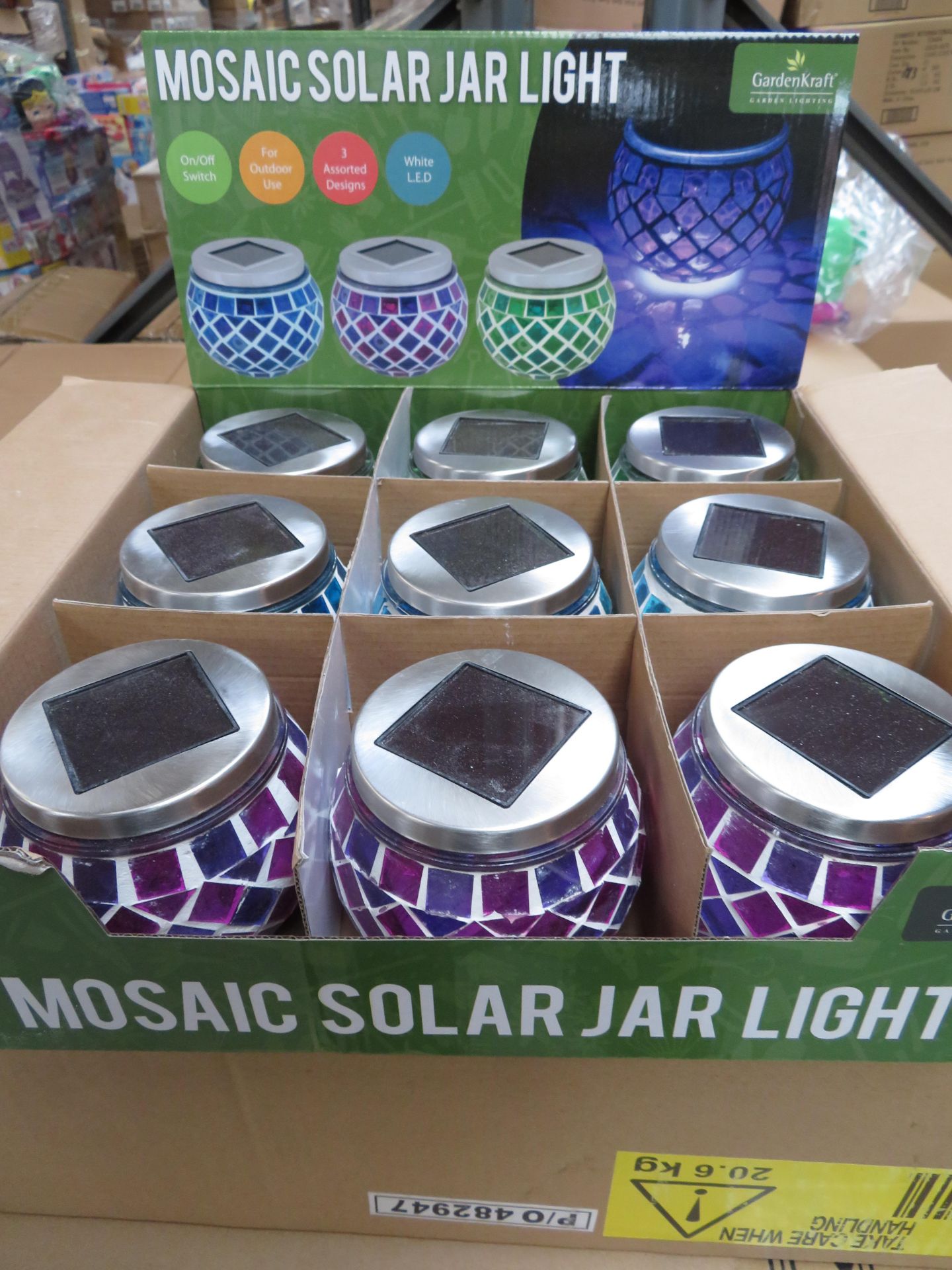 72 x Brand New Garden Kraft Mosaic Solar Jar Lights. On/Off Switch. For Outdoor Use. 3 Assd.