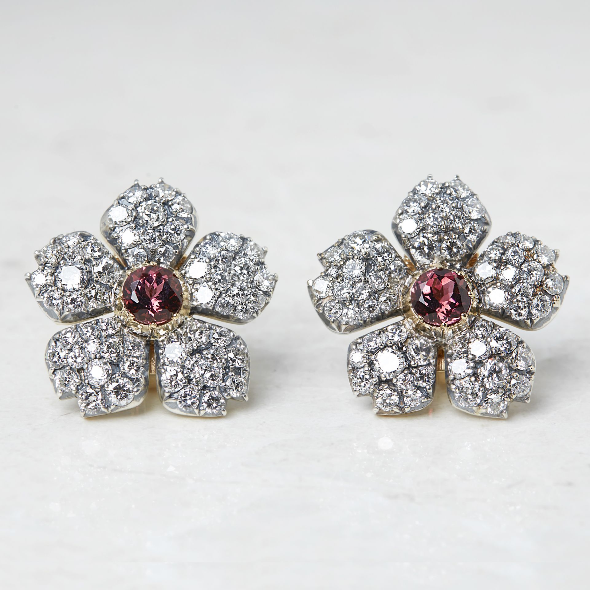Cartier 18k White Gold 3.07ct Pink Tourmaline & 5.10ct Diamond Flower Earrings with Cartier Box