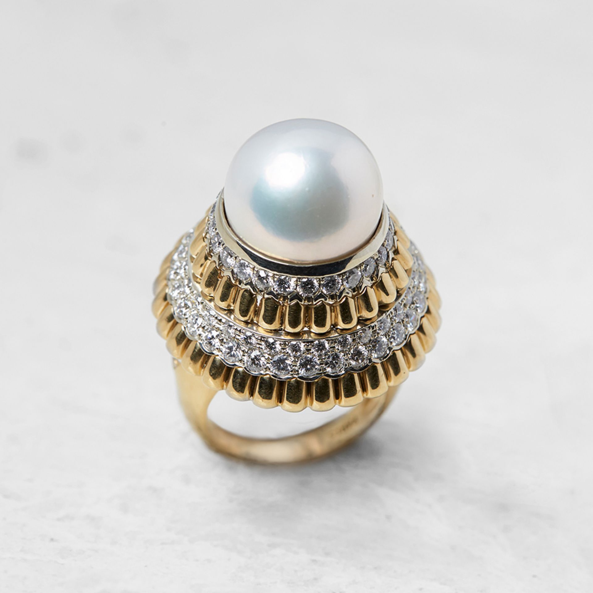 Van Cleef & Arpels 18k Yellow Gold Pearl & Diamond Ring with Van Cleef & Arpels Pouch