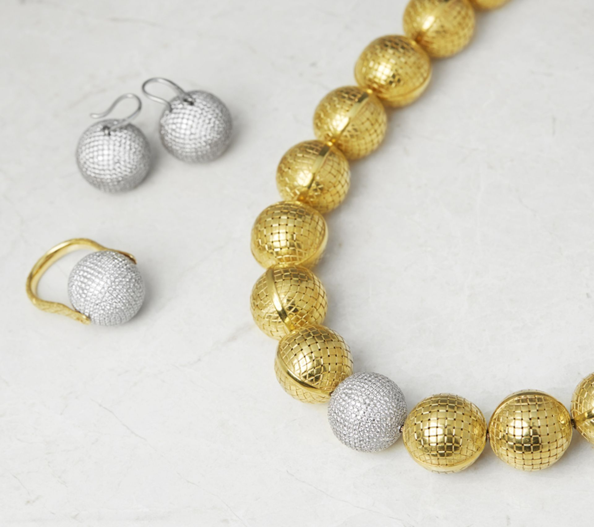 Bottega Veneta 18k Yellow & White Gold Diamond Necklace, Earrings & Ring Sfera Suite - Box & Certs