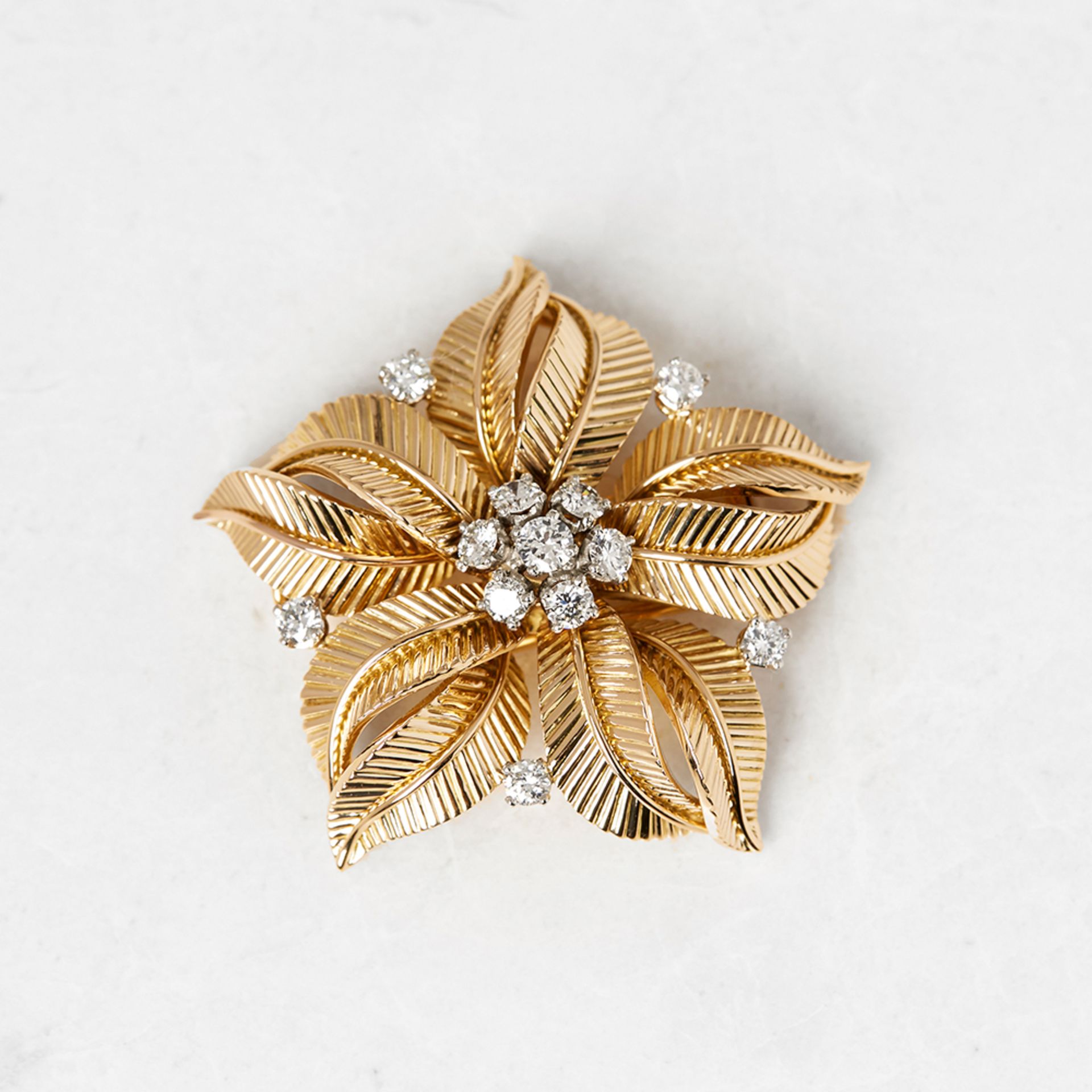 Cartier 18k Yellow Gold 1.09ct Diamond Flower Brooch with Presentation Box