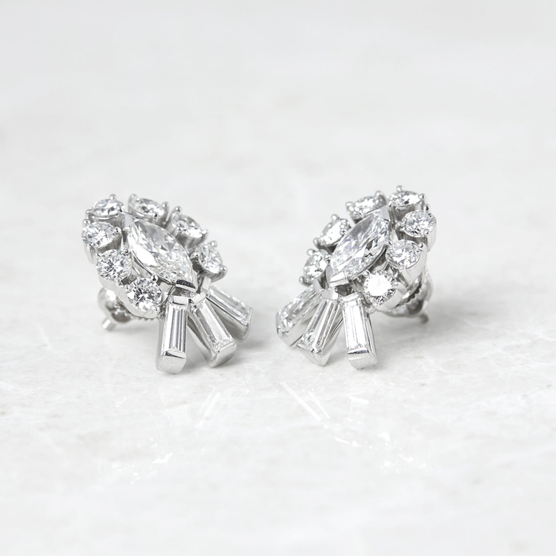 Tiffany & Co. Palladium 2.70ct Round, Marquise & Baguette Cut Diamond Stud Earrings with T&Co Box - Image 2 of 9