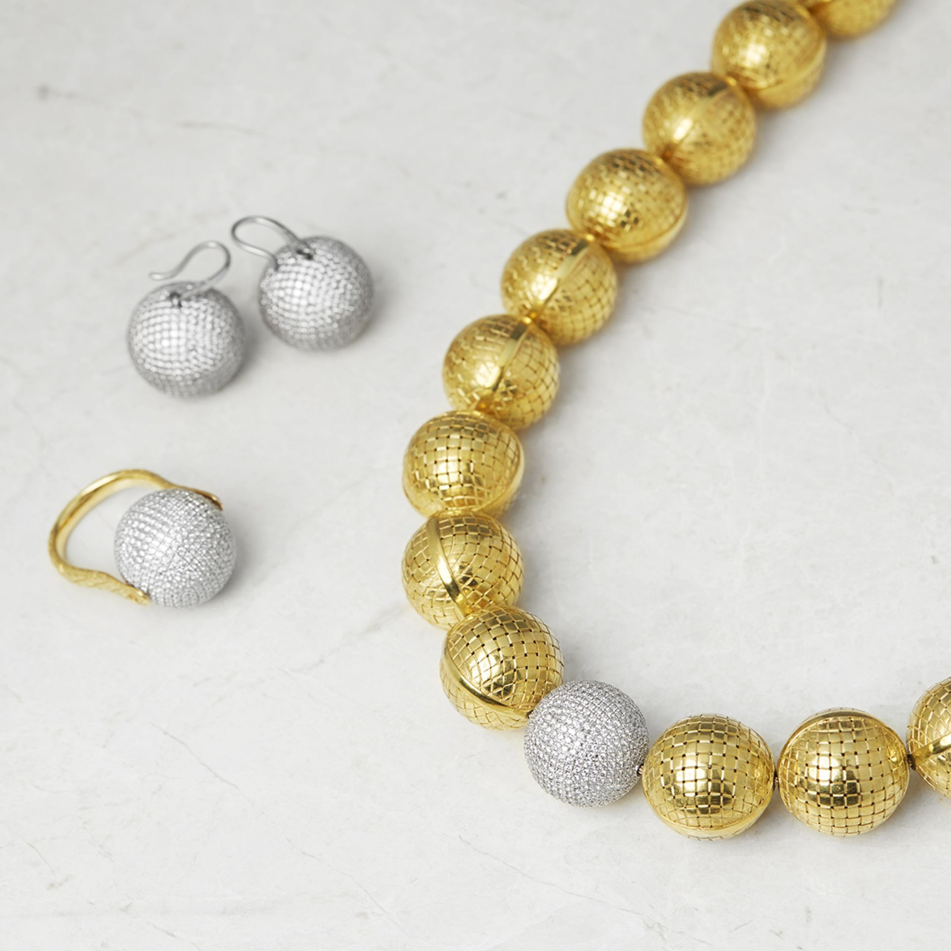 Bottega Veneta 18k Yellow & White Gold Diamond Necklace, Earrings & Ring Sfera Suite - Box & Certs - Image 21 of 21