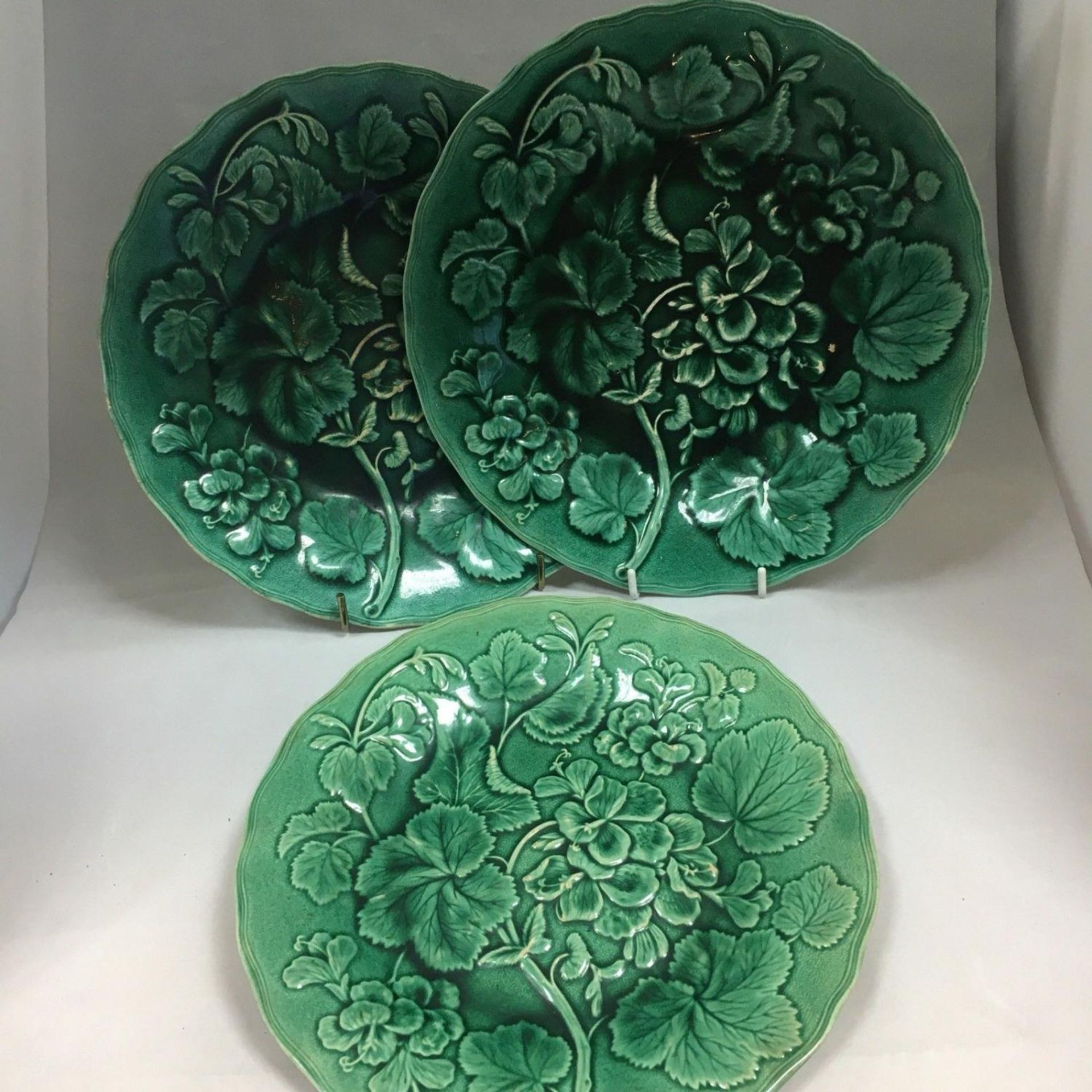 3 Rare Antique 19th Century Majolica Green Geranium Dessert Plates by Hope & Carter