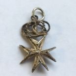 Antique filigree solid silver pendant or fob Maltese cross under crown