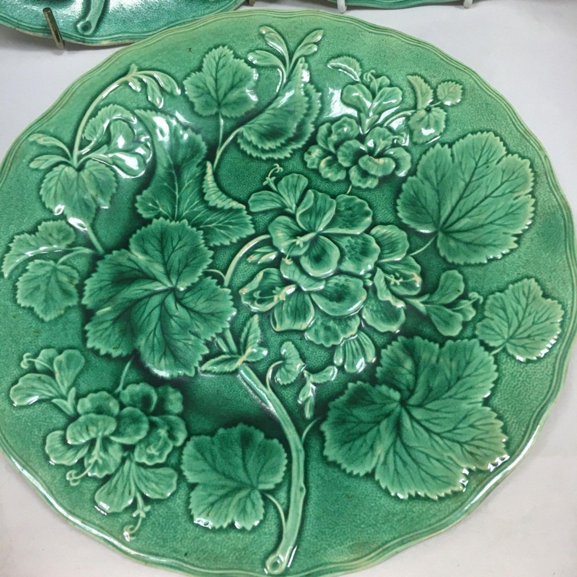 3 Rare Antique 19th Century Majolica Green Geranium Dessert Plates by Hope & Carter - Image 2 of 3