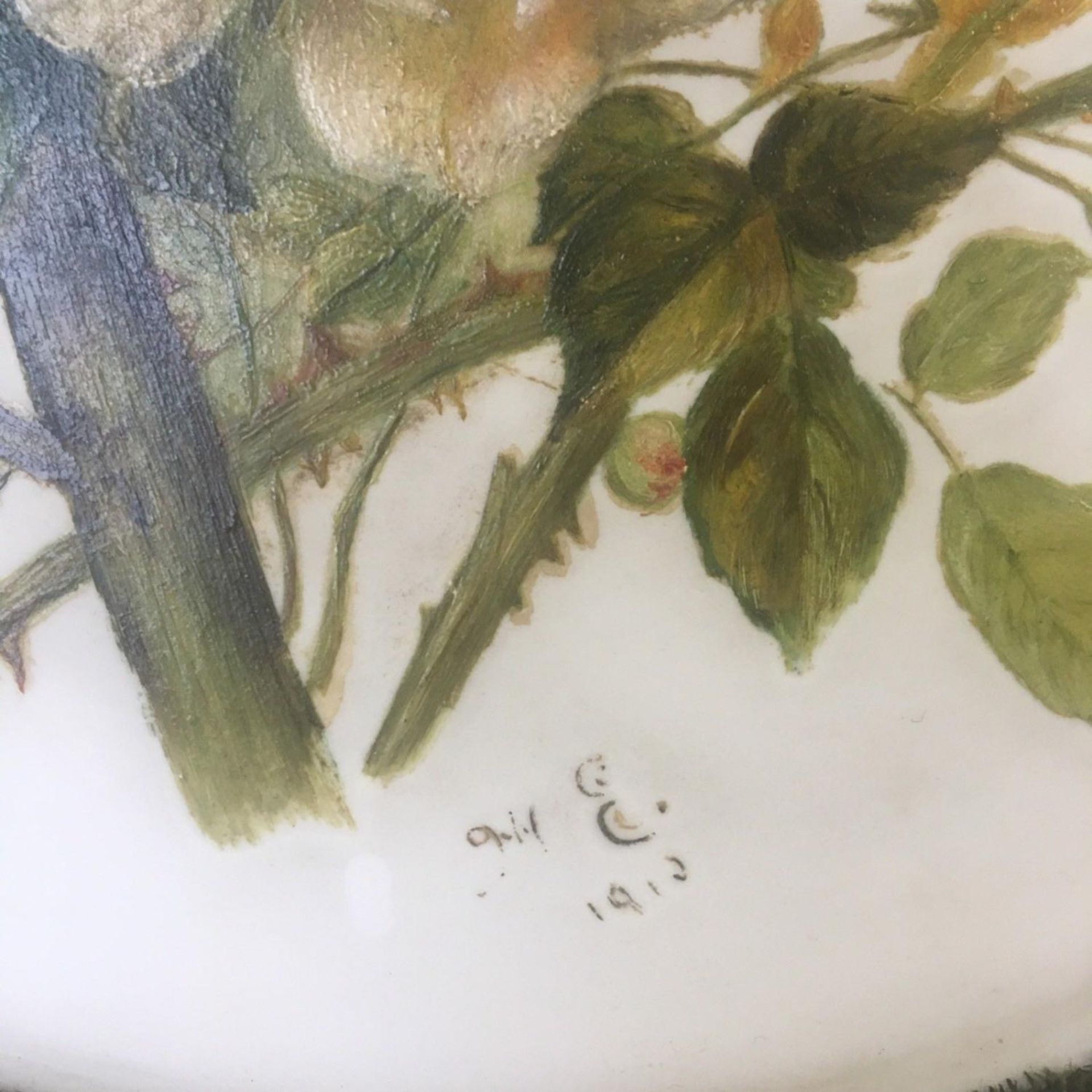 Early 20th Century, (British School), study of birds amongst roses, oils on opaline glass. - Image 3 of 7