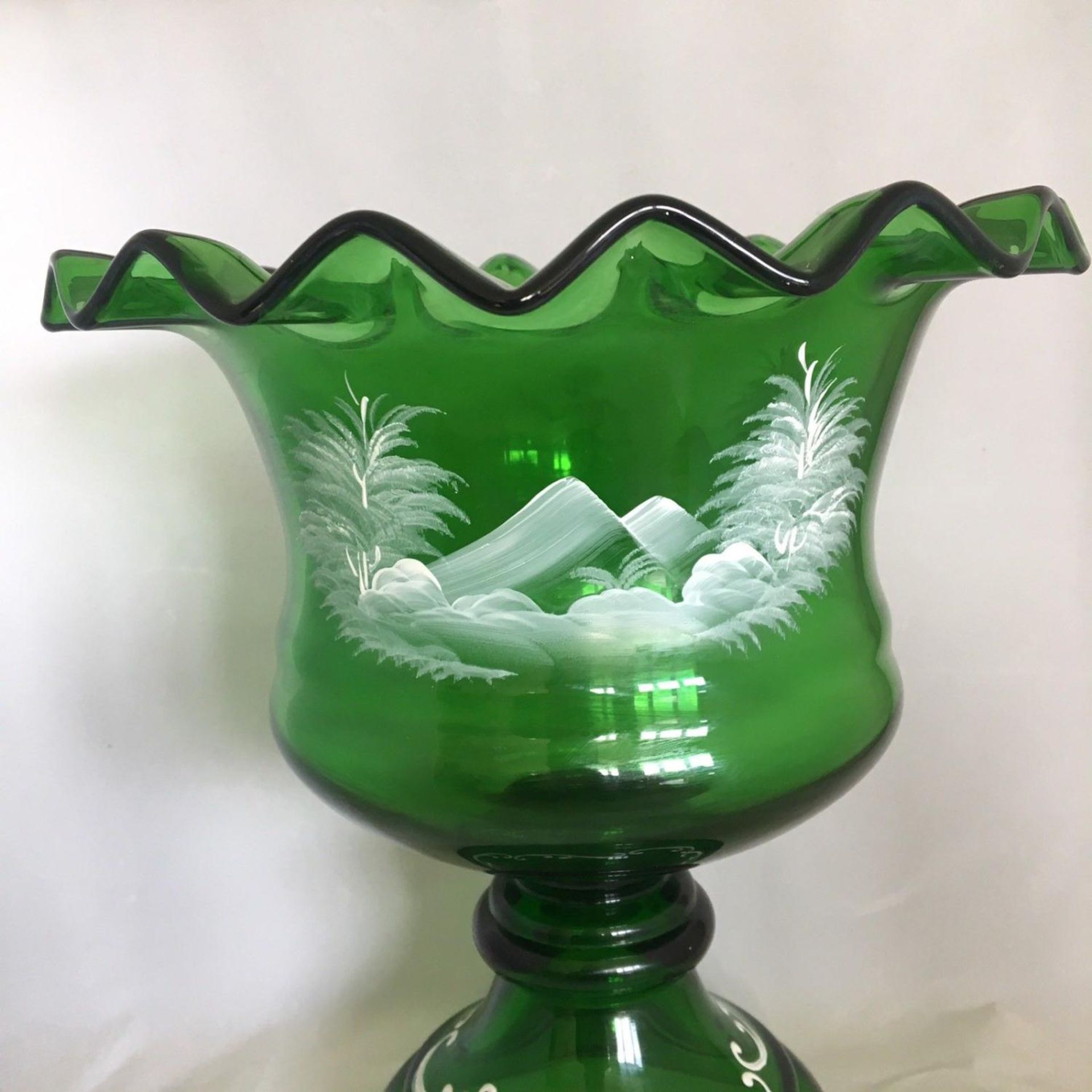 Large Mary Gregory style green glass pedestal vase - Image 3 of 5