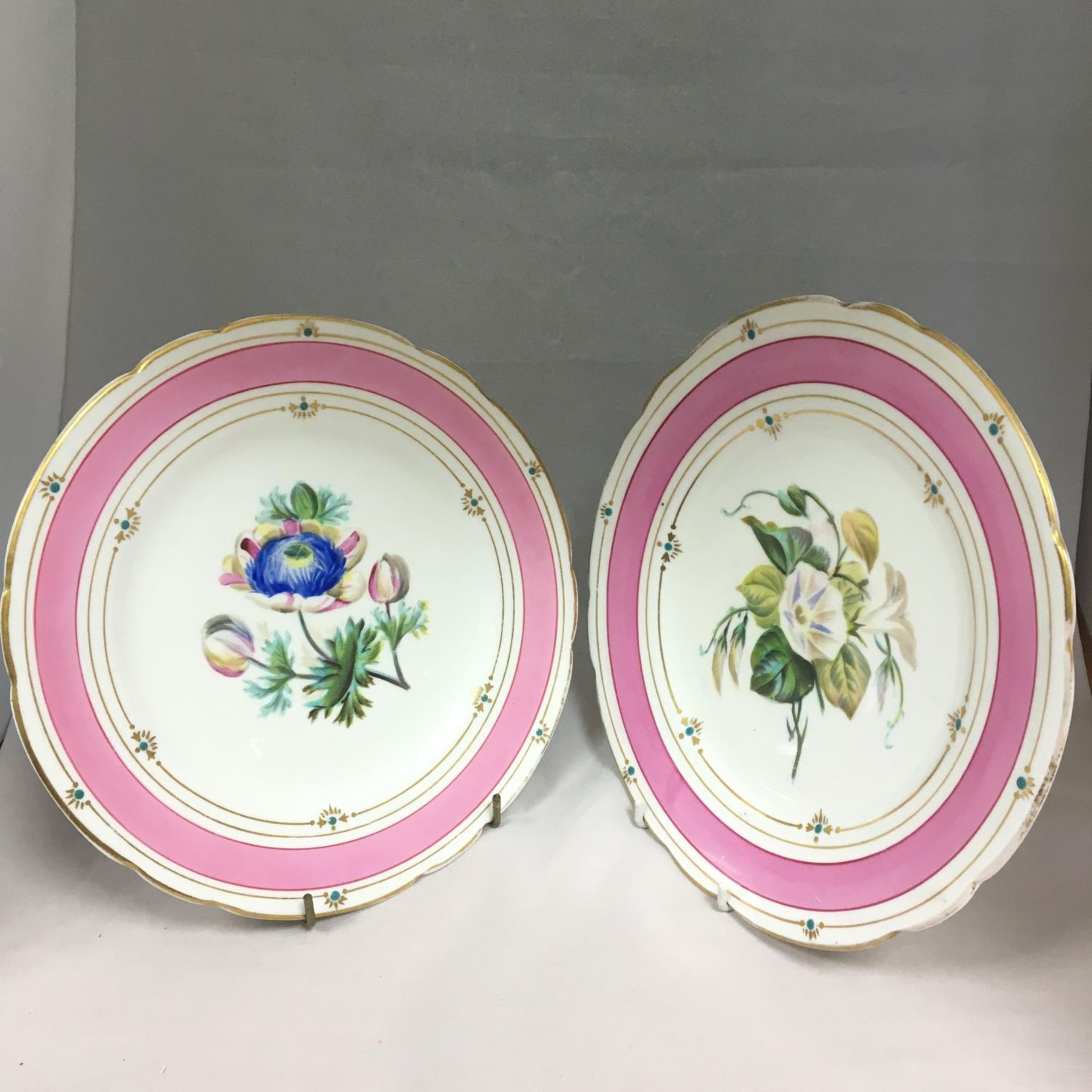 Pair of 19th Century hand painted porcelain cabinet plates flowers R G Scrivener