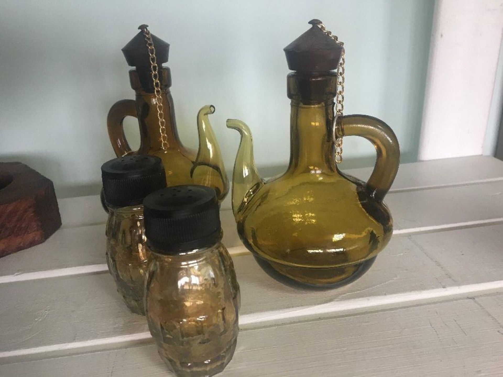 Mid Century 1960s 1970s Dark Wood Amber Glass Cruet Set Oil Vinegar Salt Pepper - Image 2 of 4
