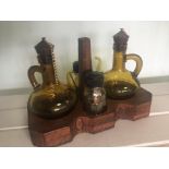 Mid Century 1960s 1970s Dark Wood Amber Glass Cruet Set Oil Vinegar Salt Pepper