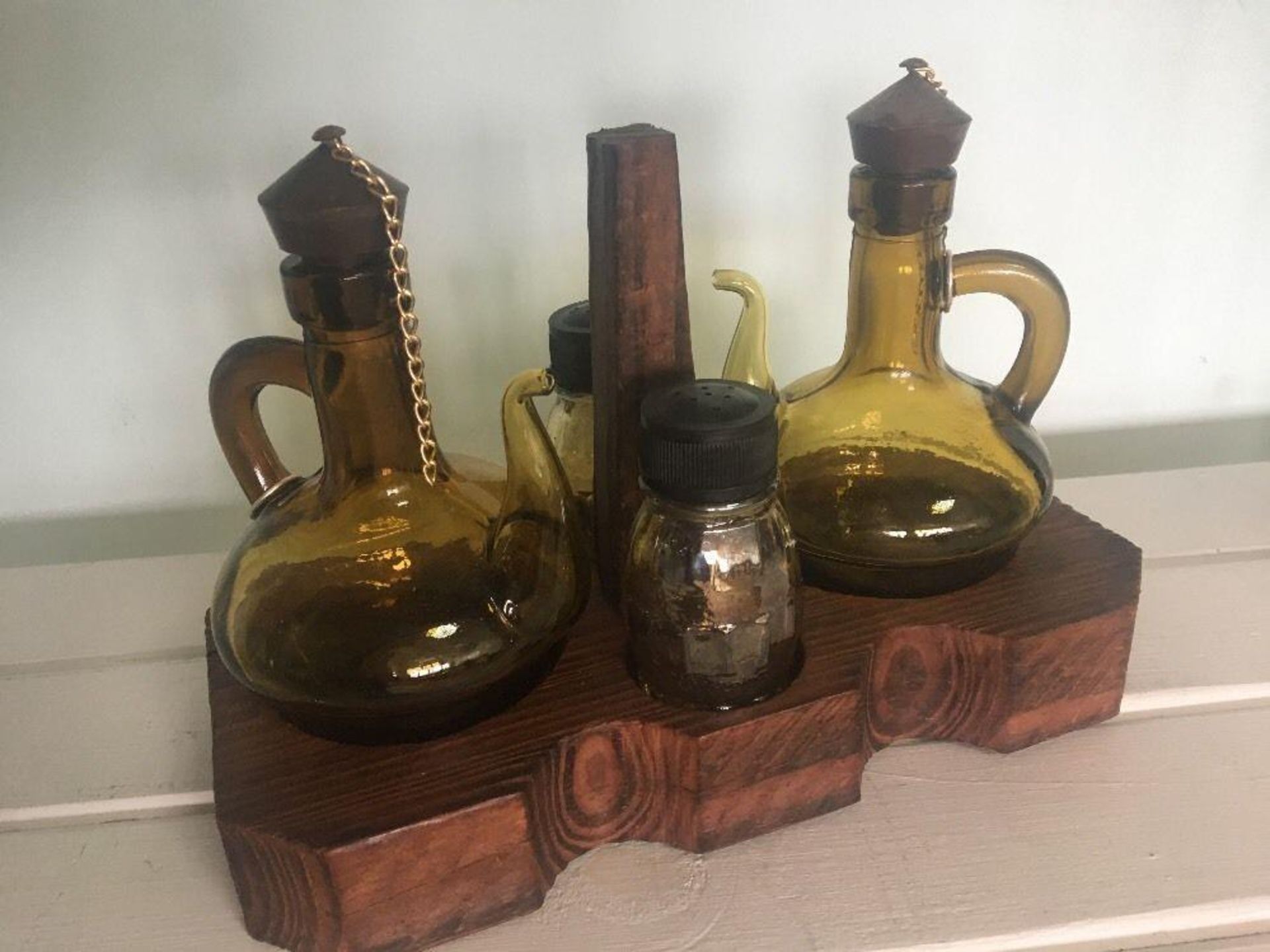 Mid Century 1960s 1970s Dark Wood Amber Glass Cruet Set Oil Vinegar Salt Pepper