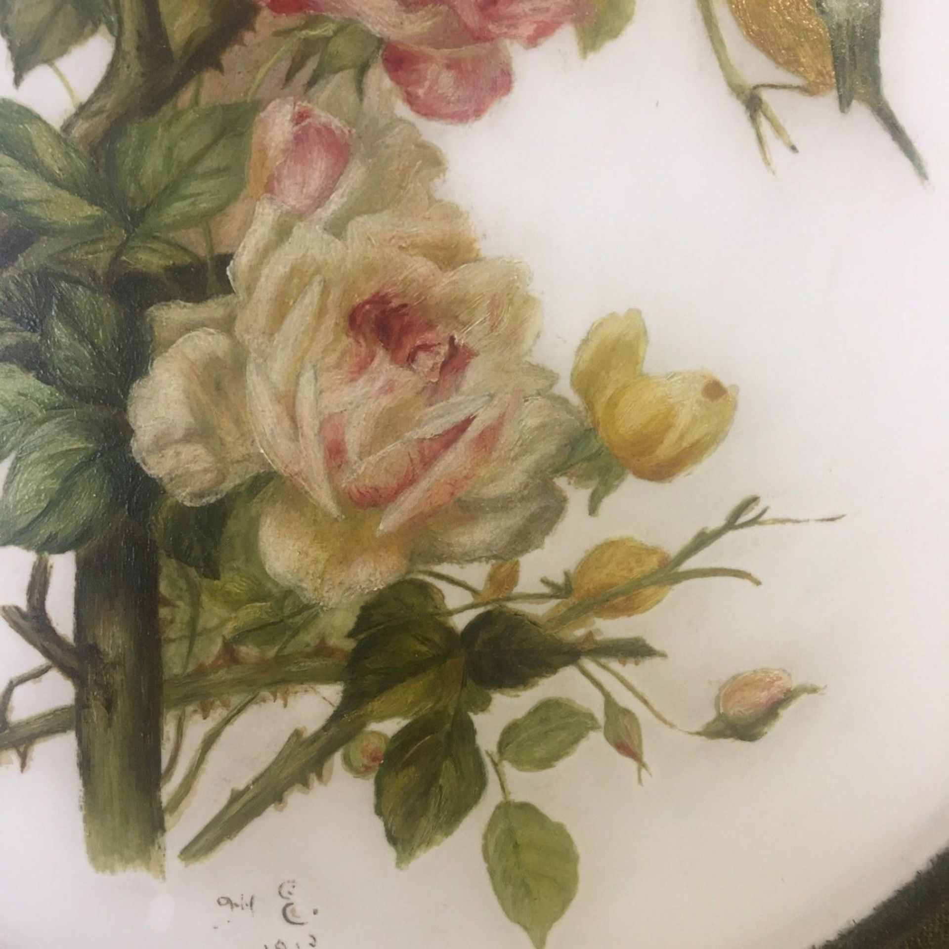 Early 20th Century, (British School), study of birds amongst roses, oils on opaline glass. - Image 5 of 7