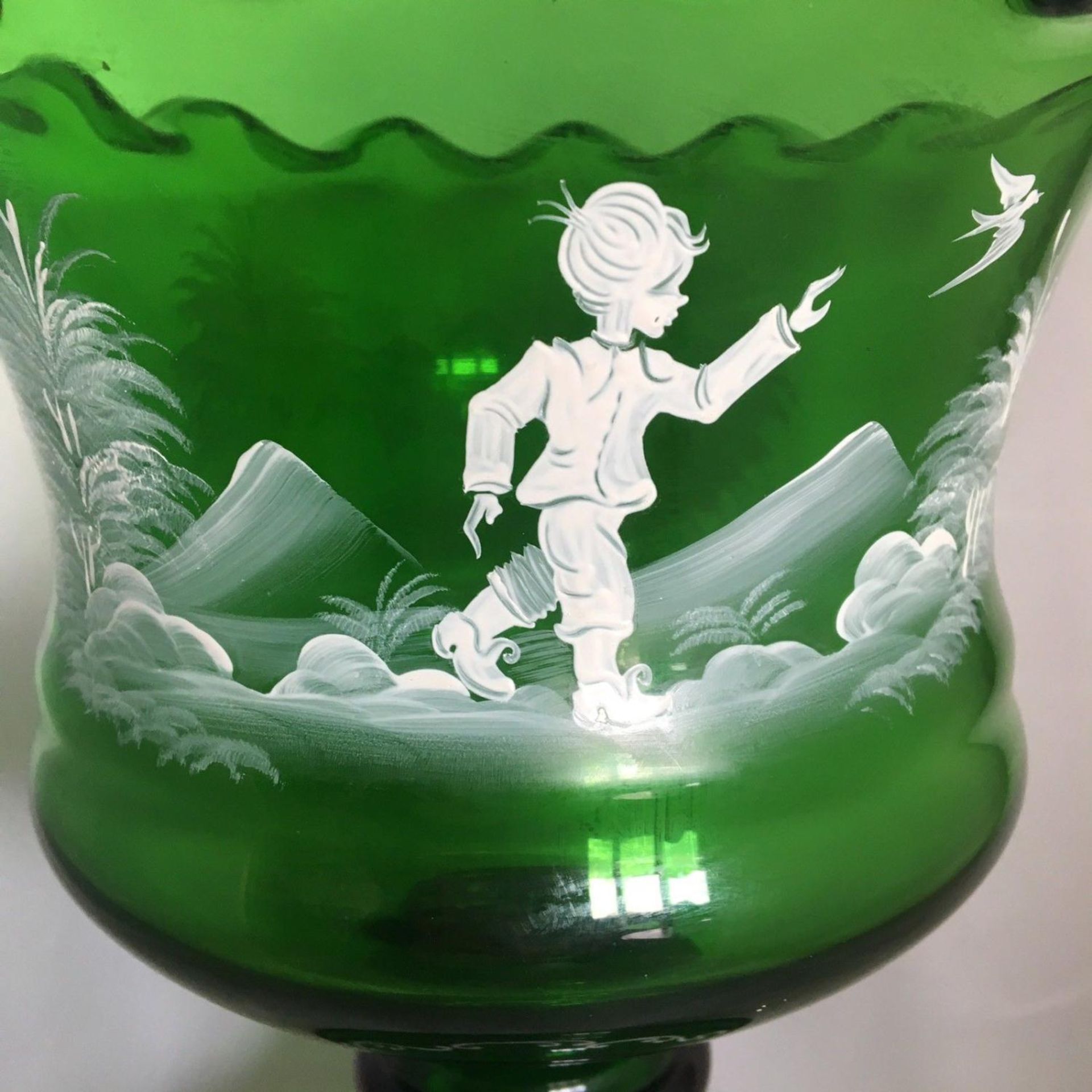 Large Mary Gregory style green glass pedestal vase - Image 2 of 5