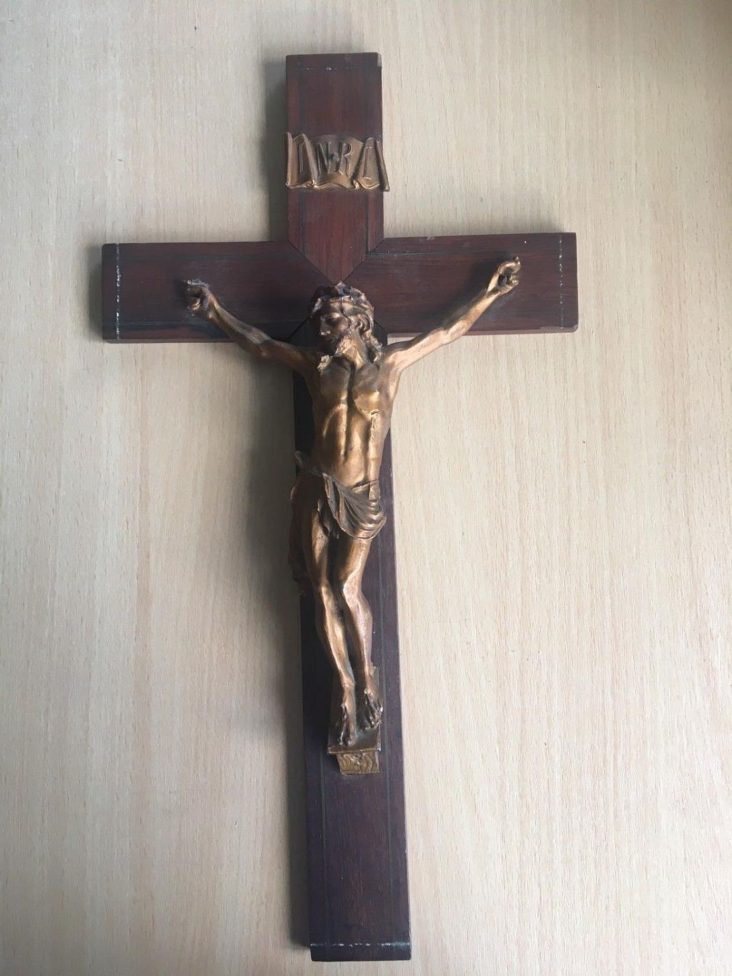 After J Stoffel, a gilt bronze and brass inlaid rosewood crucifix. 19th Century. 40cm