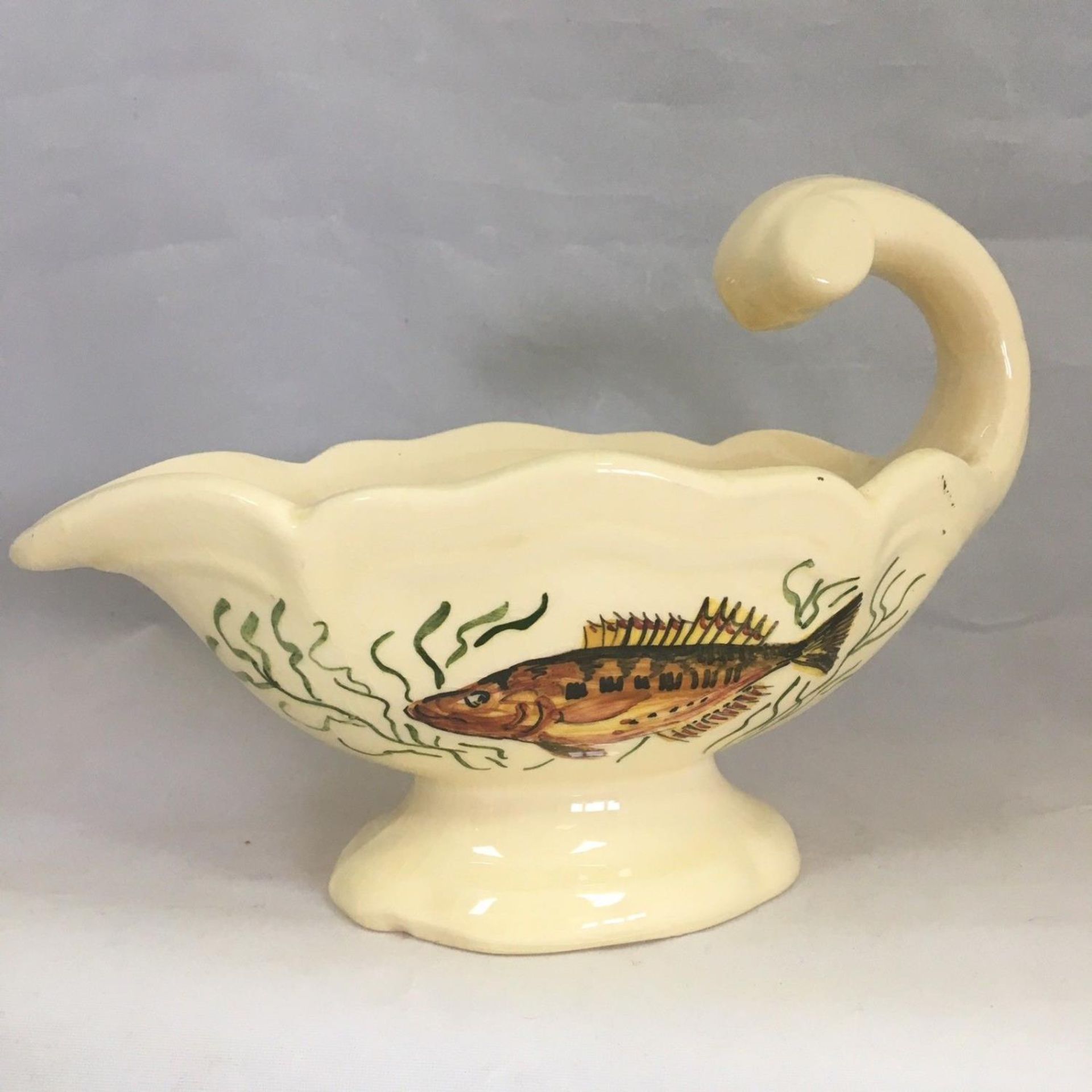 ANTIQUE J CARLES PROVENCE FISH GRAVY SAUCE BOAT HAND PAINTED FRENCH POTTERY