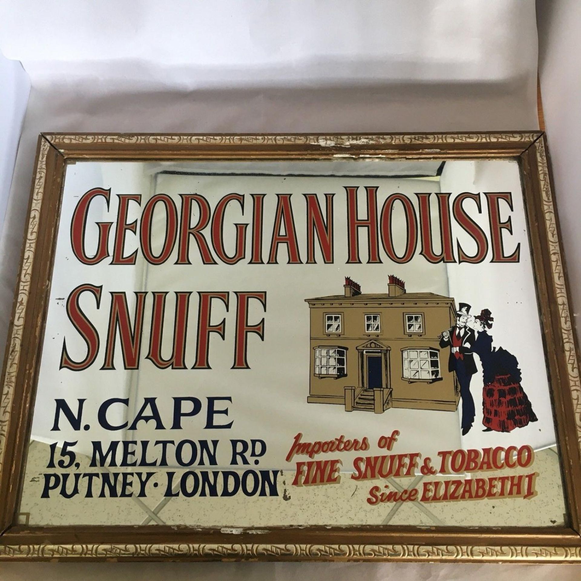 Vintage Reproduction Gilt Framed Advertising Mirror "Georgian House Snuff"