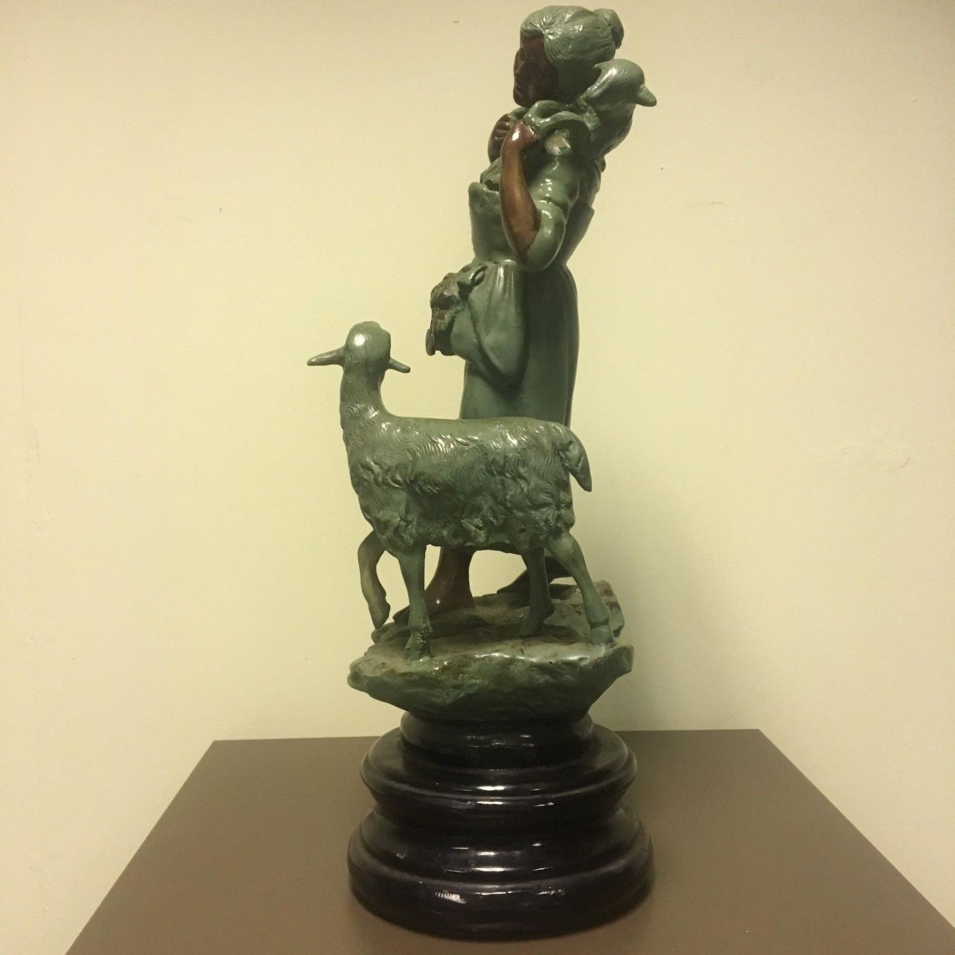 Antique Blackamoor French design figurine, study of a young shepherdess with ewe and lamb on pedesta - Image 2 of 6