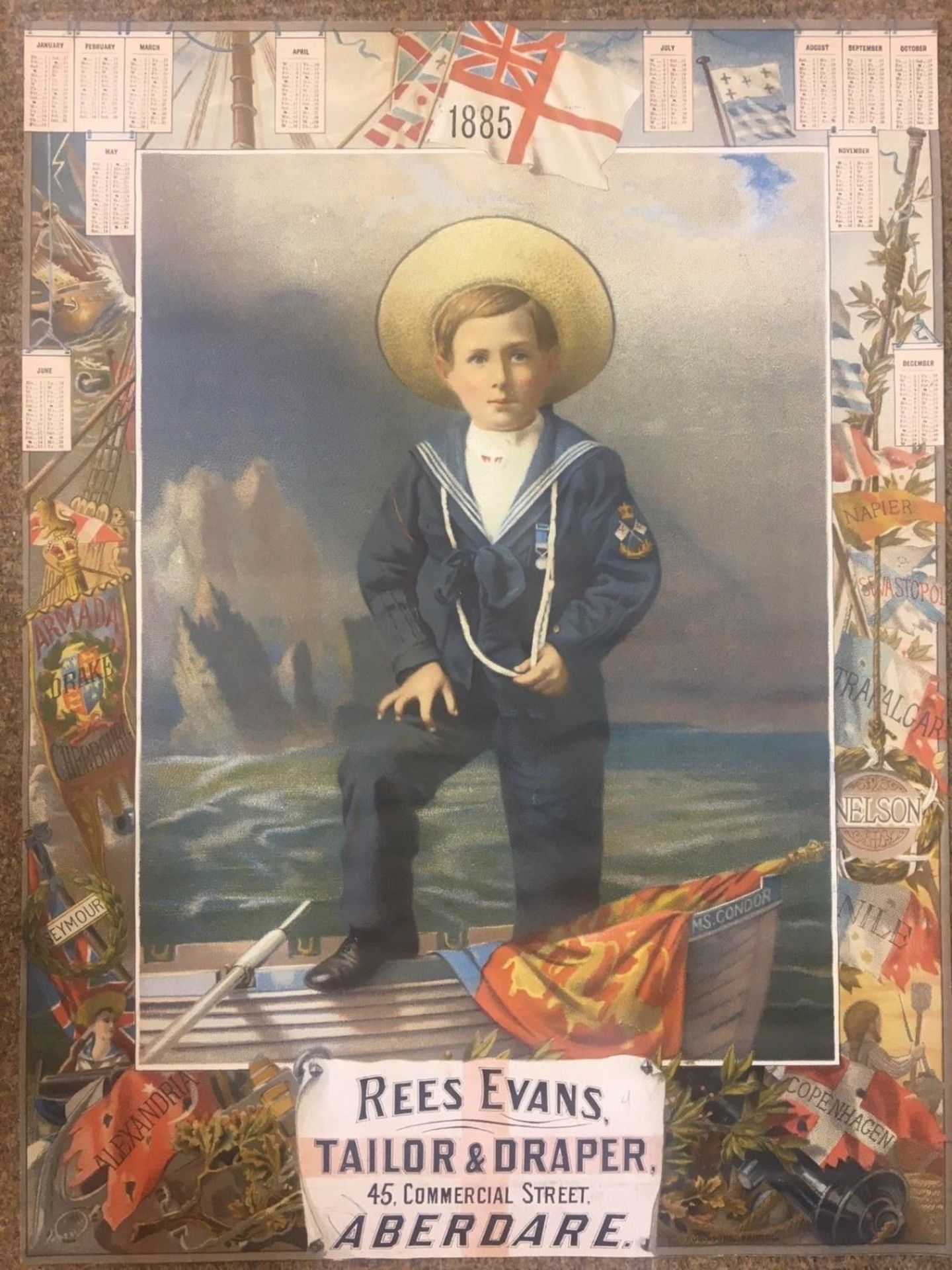 Original Antique C19th Advertising Poster 1885 Sailor Boy Maritime Nautical Ship - Rees Evans Tailor