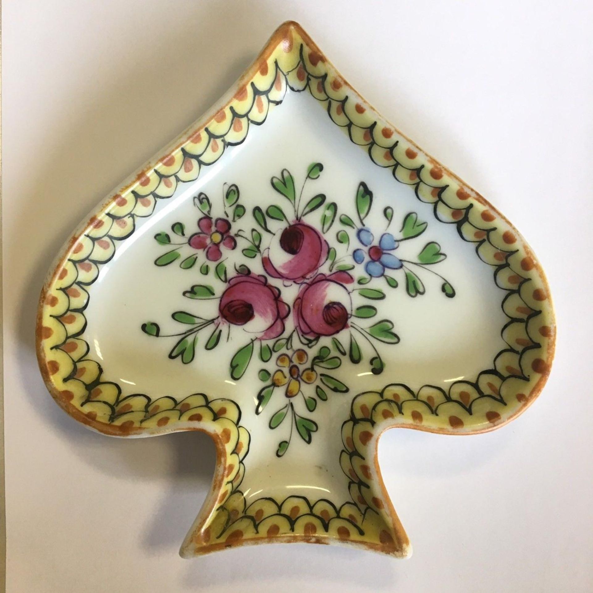 Small unusual hand-painted antique Desvres French Faience porcelain trinket dish