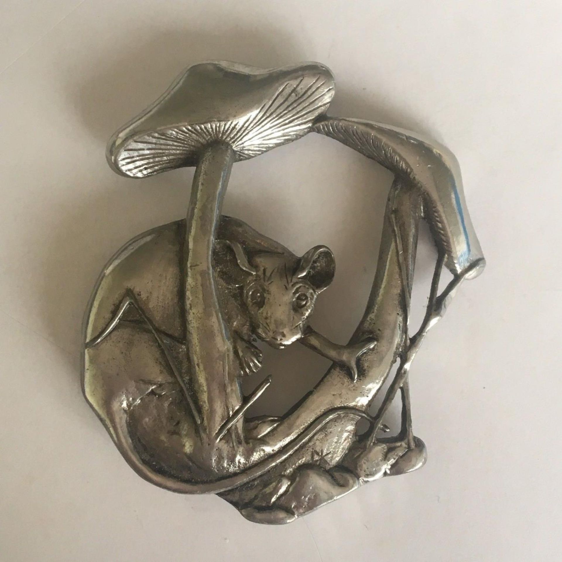 Pewter brooch by British Artist David Kemp, Field Mouse Toadstools Signed D Kemp