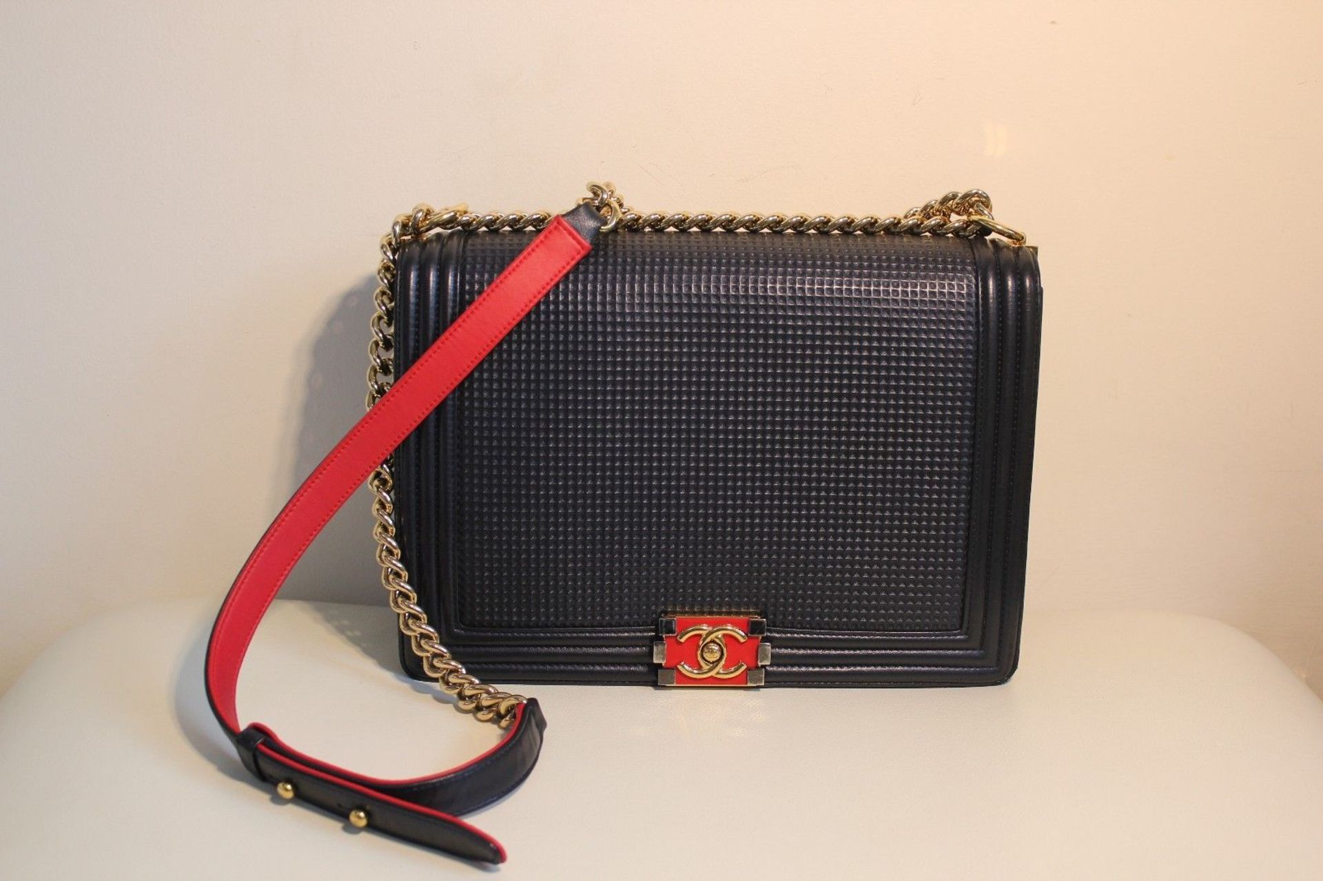 CHANEL Large Maxi Cube Le Boy - Navy/Red with Gold Hardware - Image 9 of 10