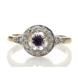 Amethyst and diamond cluster style ring set in 9ct gold. Round cut amethyst surrounded with