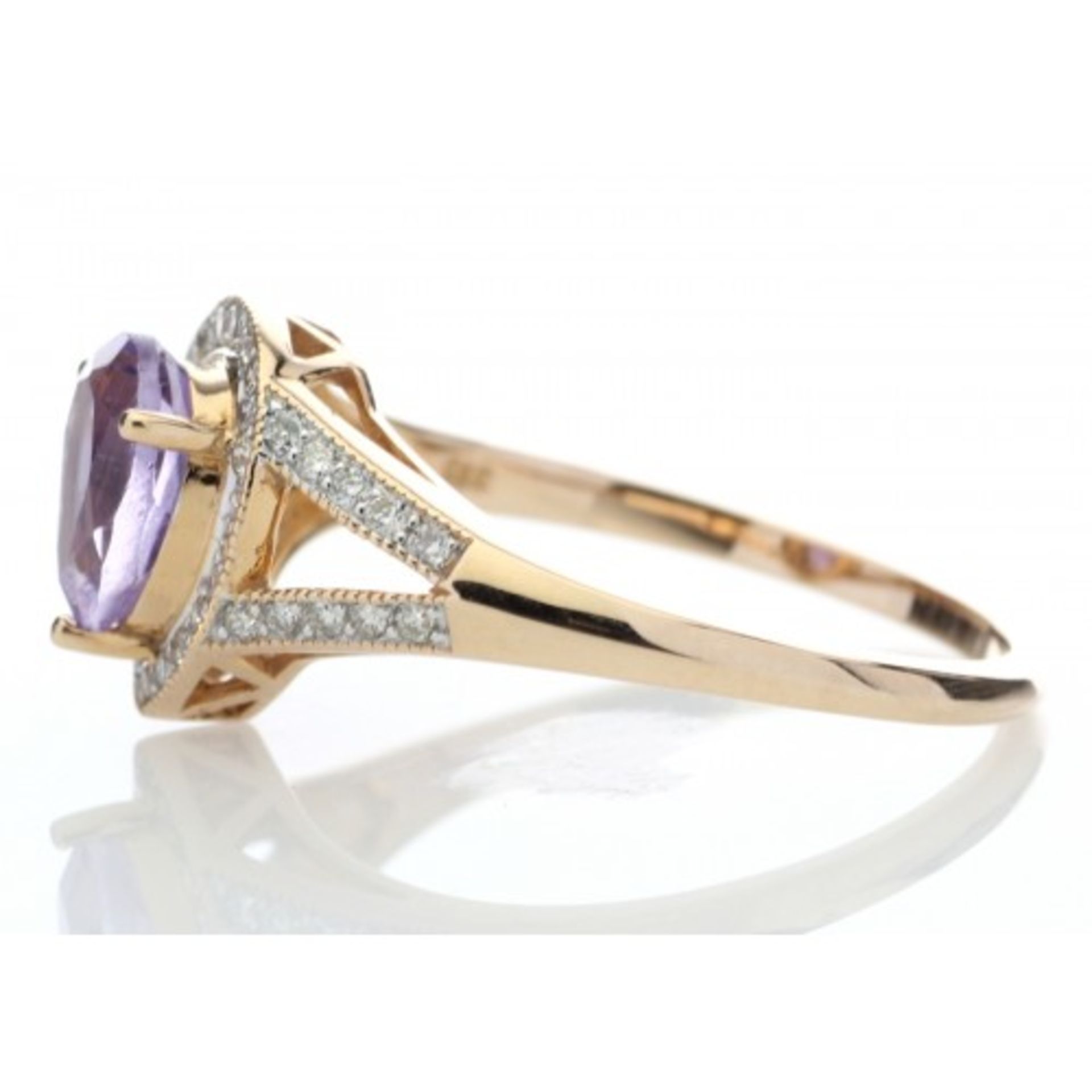 0.63ct amethyst and diamond dress ring set in 9ct rose gold. Pear shaped centre stone surrounded - Image 4 of 5