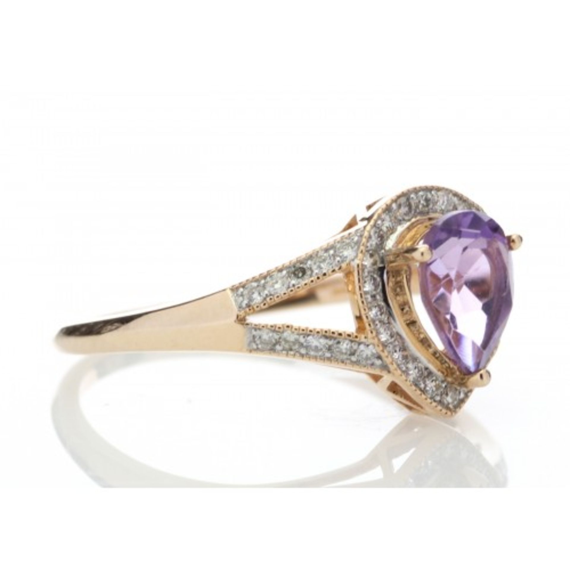 0.63ct amethyst and diamond dress ring set in 9ct rose gold. Pear shaped centre stone surrounded - Image 3 of 5
